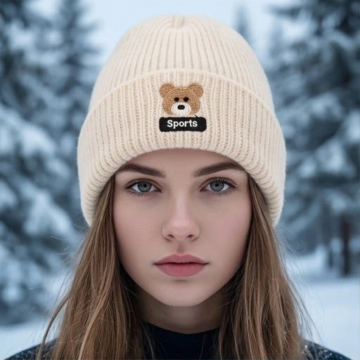Шапка вязаная бине Bear демисезонная акриловая с принтом мишки светло-бежевая повседневная универсального размера унисекс - изображение 3