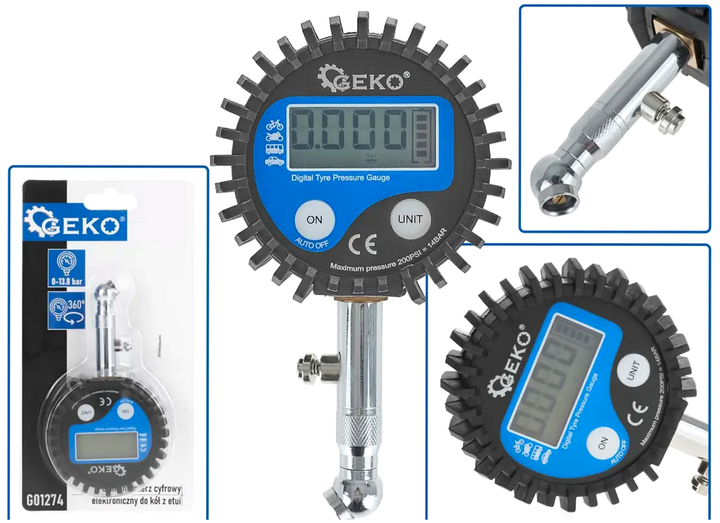 Цифровой манометр для шин 0-200 psi 360° поворотная головка 1 шт Geko HE0674 - изображение 5
