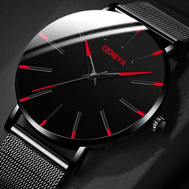 Наручные часы Geneva Fashion Red сетчатый ремешок минималистичные кварцевые часики мужские/женские (унисекс) - изображение 4