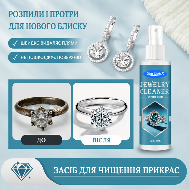 Cредство для чистки ювелирных украшений KineShine, спрей от чернения и коррозии украшений, 100 мл (SVS) - Фото 5 Cредство для чистки ювелирных украшений KineShine, спрей от чернения и коррозии украшений, 100 мл (SVS) - изображение 5