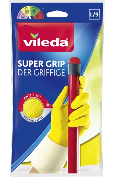 Перчатки латексные сверхпрочные для хозяйственных работ Vileda Super Grip размер L - Фото 1 Перчатки латексные сверхпрочные для хозяйственных работ Vileda Super Grip размер L - изображение 1