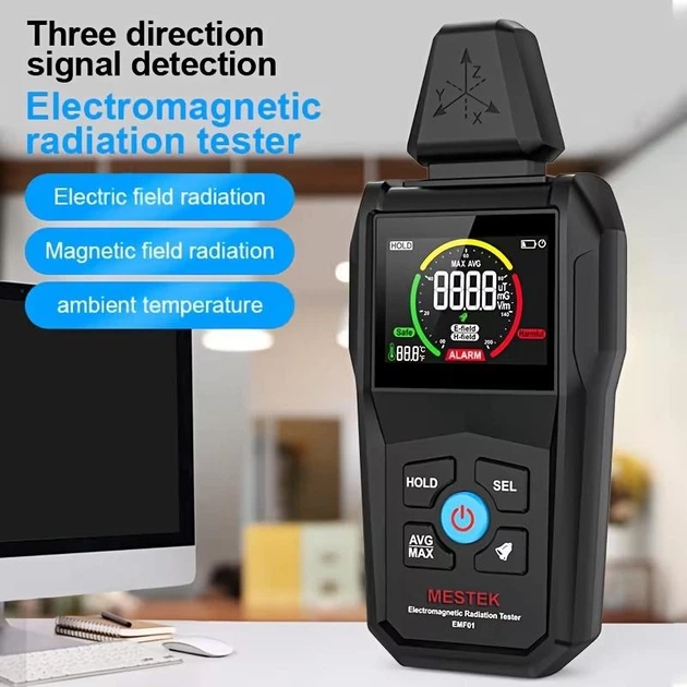 Детектор електромагнітного випромінювання MESTEK EMF01, EMF-метр 3-в-1, з кольоровим екраном, для вимірювання електричного поля, магнітного поля та температури, чорний - зображення 2