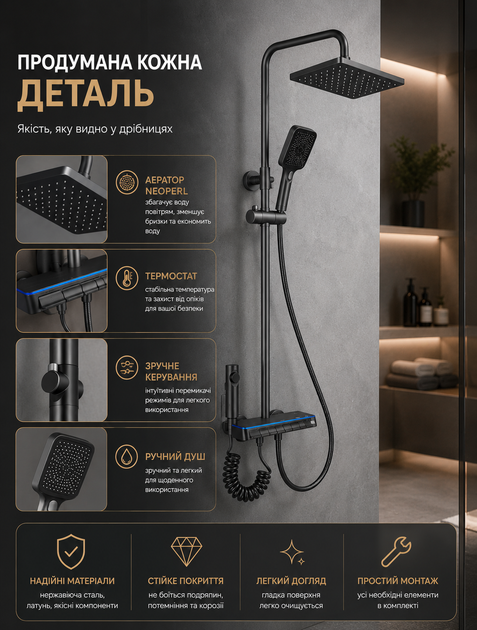 Душевая система с смесителем и термостатом графитовая для ванной с LED-дисплеем на гидрогенераторе квадратная тропическая лейка латунный корпус ручная лейка 3 режима гигиенический душ в комплекте - изображение 6