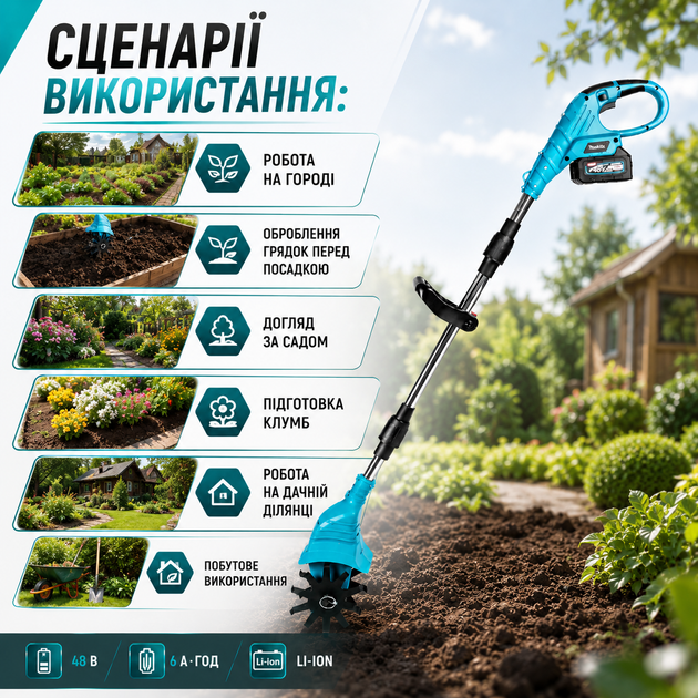 Акумуляторний культиватор Makita MK-1055 48V з двома акумуляторами 6Ah, безщітковий ручний мотокультиватор для розпушування ґрунту, городу, саду, дачі та підготовки грядок - зображення 8