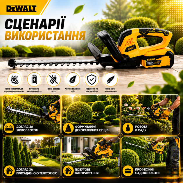 Аккумуляторный кусторез DeWalt DCHT820 36 В с двумя аккумуляторами по 5 А·ч, садовые ножницы для стрижки живой изгороди, обрезки веток, декоративных кустарников и ухода за садом - изображение 8