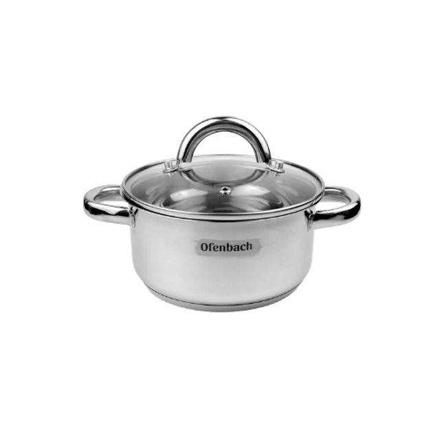 Каструля Ofenbach KM-100524 2л з нержавіючої сталі зі скляною кришкою 18см для індукції та газу - Фото 1 Каструля Ofenbach KM-100524 2л з нержавіючої сталі зі скляною кришкою 18см для індукції та газу - зображення 1