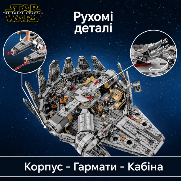 Конструктор зореліт Тисячолітній Сокіл, 1381 деталь, 7 міні-фігурок, Millennium Falcon. 75105 - зображення 5