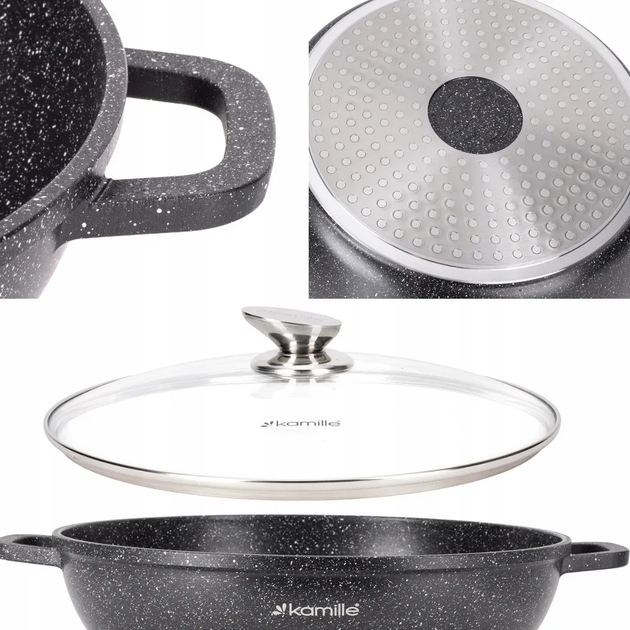 Кастрюля с крышкой Kamille KM-4484, 22 л, литой алюминий, Ø44 см, антипригарное покрытие «черный мрамор», для всех плит - Фото 4 Кастрюля с крышкой Kamille KM-4484, 22 л, литой алюминий, Ø44 см, антипригарное покрытие «черный мрамор», для всех плит - изображение 4