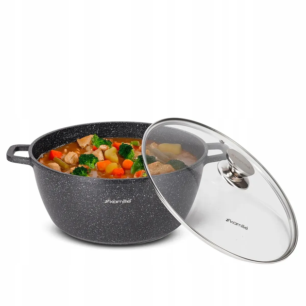 Кастрюля с крышкой Kamille KM-4480, 8.0 л, литой алюминий, Ø30 см, антипригарное покрытие «черный мрамор», для всех плит - Фото 3 Кастрюля с крышкой Kamille KM-4480, 8.0 л, литой алюминий, Ø30 см, антипригарное покрытие «черный мрамор», для всех плит - изображение 3