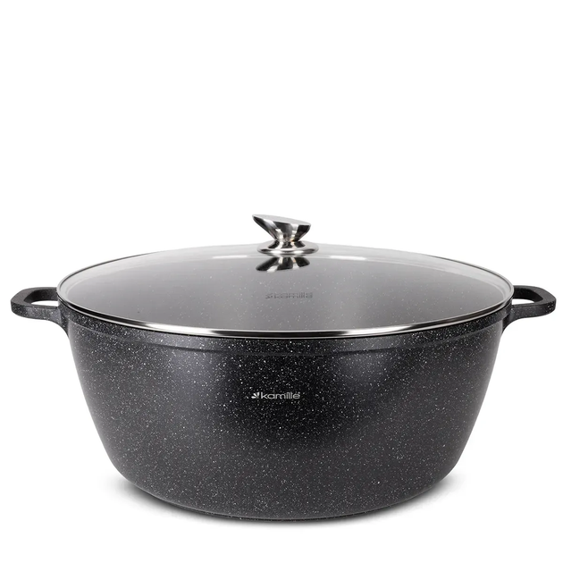 Кастрюля с крышкой Kamille KM-4484, 22 л, литой алюминий, Ø44 см, антипригарное покрытие «черный мрамор», для всех плит - Фото 1 Кастрюля с крышкой Kamille KM-4484, 22 л, литой алюминий, Ø44 см, антипригарное покрытие «черный мрамор», для всех плит - изображение 1