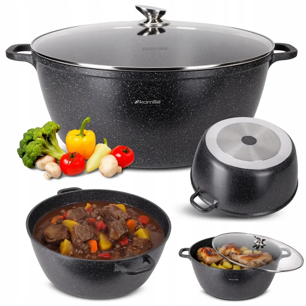 Кастрюля с крышкой Kamille KM-4484, 22 л, литой алюминий, Ø44 см, антипригарное покрытие «черный мрамор», для всех плит - Фото 2 Кастрюля с крышкой Kamille KM-4484, 22 л, литой алюминий, Ø44 см, антипригарное покрытие «черный мрамор», для всех плит - изображение 2