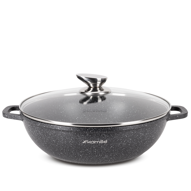 Кастрюля-вок с крышкой Kamille KM-4485, 4 л, литой алюминий, Ø28 см, антипригарное покрытие «черный мрамор», для всех плит - Фото 1 Кастрюля-вок с крышкой Kamille KM-4485, 4 л, литой алюминий, Ø28 см, антипригарное покрытие «черный мрамор», для всех плит - изображение 1