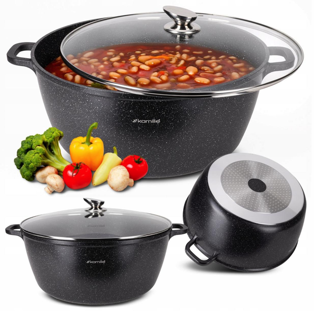 Кастрюля с крышкой Kamille KM-4483, 18.5 л, литой алюминий, Ø40 см, антипригарное покрытие «черный мрамор», для всех плит - Фото 2 Кастрюля с крышкой Kamille KM-4483, 18.5 л, литой алюминий, Ø40 см, антипригарное покрытие «черный мрамор», для всех плит - изображение 2