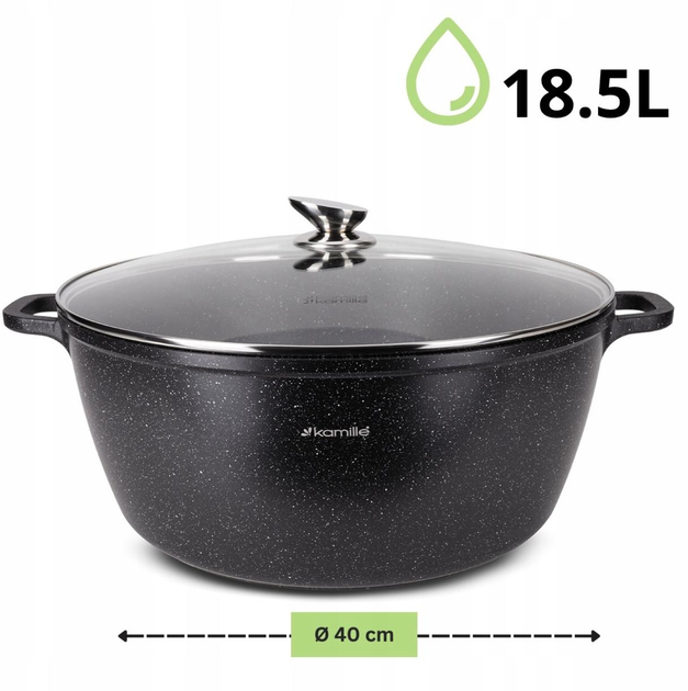 Кастрюля с крышкой Kamille KM-4483, 18.5 л, литой алюминий, Ø40 см, антипригарное покрытие «черный мрамор», для всех плит - Фото 8 Кастрюля с крышкой Kamille KM-4483, 18.5 л, литой алюминий, Ø40 см, антипригарное покрытие «черный мрамор», для всех плит - изображение 8