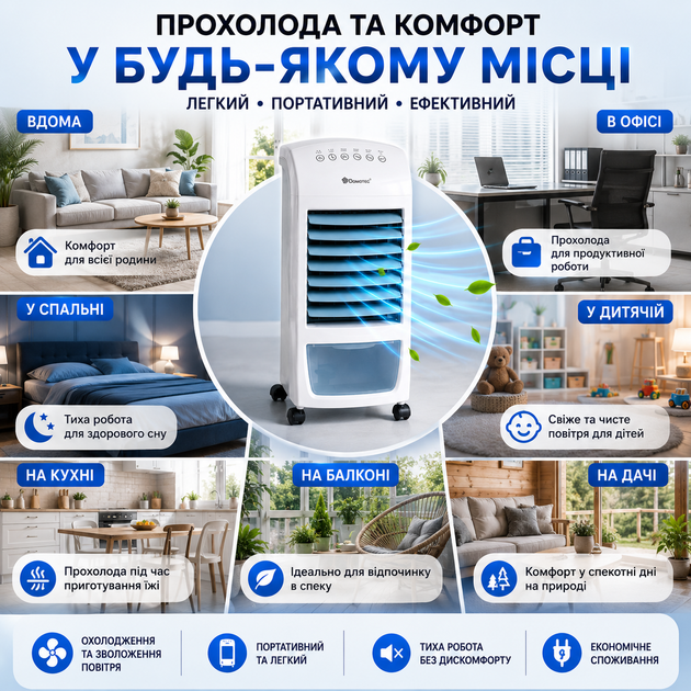Портативний кондиціонер-охолоджувач повітря DOMOTEC Air Cooler MS-1628, мобільний кліматизатор, підлоговий повітроохолоджувач-кулер зі зволоженням - зображення 2