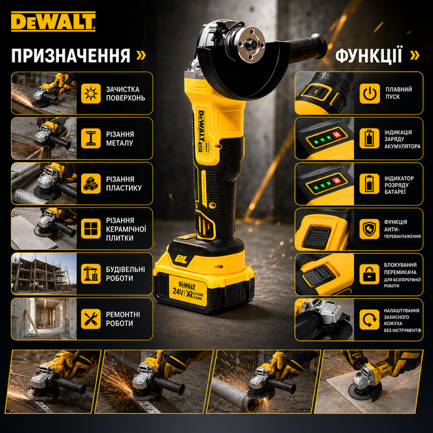 Аккумуляторная угловая шлифовальная машина DeWalt 24 В с бесщеточным двигателем, 2 аккумулятора 5 А·ч, зарядное устройство, чехол, угловая шлифовальная машина (болгарка) 125 мм для резки металла, пластика и керамической плитки - Фото 6 Аккумуляторная угловая шлифовальная машина DeWalt 24 В с бесщеточным двигателем, 2 аккумулятора 5 А·ч, зарядное устройство, чехол, угловая шлифовальная машина (болгарка) 125 мм для резки металла, пластика и керамической плитки - изображение 6