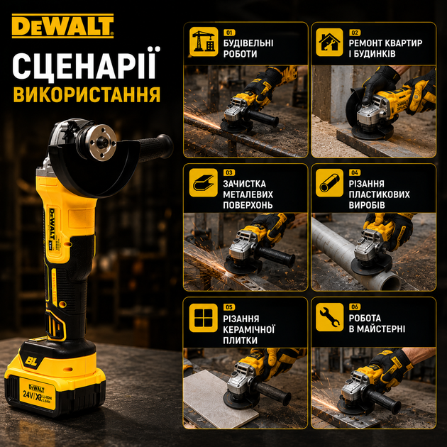 Аккумуляторная угловая шлифовальная машина DeWalt 24 В с бесщеточным двигателем, 2 аккумулятора 5 А·ч, зарядное устройство, чехол, угловая шлифовальная машина (болгарка) 125 мм для резки металла, пластика и керамической плитки - изображение 8
