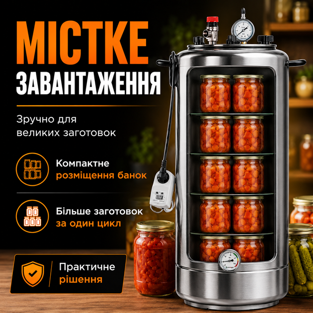 Автоклав бытовой A40 Electro 60 л электрический и под наружный нагрев, универсальный стерилизатор для домашнего консервирования, тушенки, рыбных консервов, овощных заготовок и компотов. - изображение 2