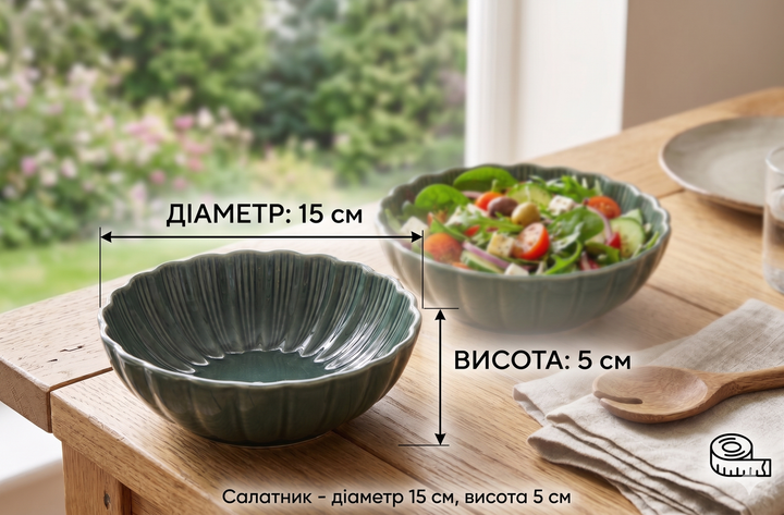 Набор из 2 керамических мисок 300 мл зеленых 15×5 см рифленых, для сервировки и декора - изображение 2