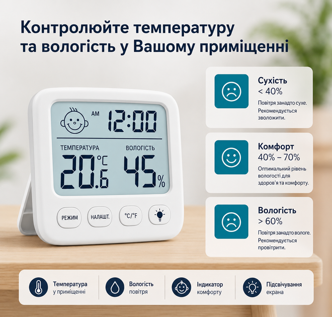 Термогигрометр измеритель влажности термометр влагомер гигрометр воздуха в помещении портативный комнатный цифровой прибор с часами и индикатором комфорта комплект с батарейками (EL-3821) - изображение 3