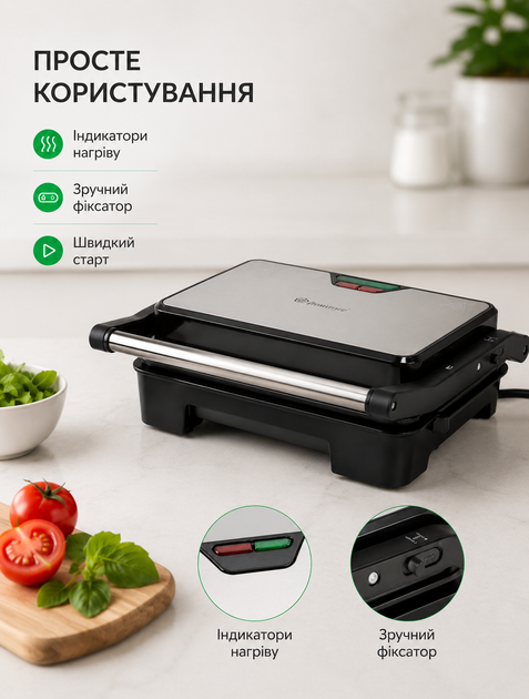 Контактний гриль-прес для домашнього приготування 1000 Вт з антипригарним покриттям 23×14,5 см для двосторонньої прожарки з індикатором нагріву - зображення 7