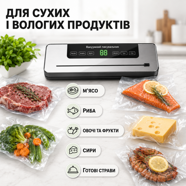 Комплект вакууматор для їжі з різаком і 2 рулони пакетів 5 м × 20 см, 5 м × 25 см - зображення 2