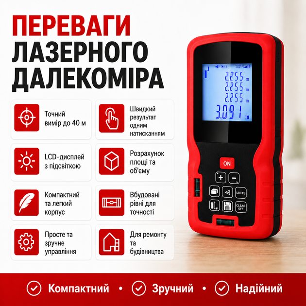Лазерный дальномер 40 м цифровой измеритель расстояния с электронным LCD дисплеем и подсветкой Красный - изображение 2