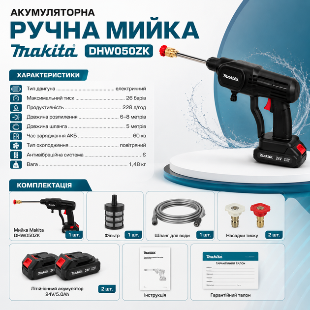 Аккумуляторная ручная мойка высокого давления Makita DHW050ZK 24 В, 2 аккумулятора по 5,0 А·ч, беспроводная портативная автомойка 26 бар, шланг 5 м, для мытья автомобилей, велосипедов, мотоциклов, садовой мебели и дорожных покрытий - Фото 5 Аккумуляторная ручная мойка высокого давления Makita DHW050ZK 24 В, 2 аккумулятора по 5,0 А·ч, беспроводная портативная автомойка 26 бар, шланг 5 м, для мытья автомобилей, велосипедов, мотоциклов, садовой мебели и дорожных покрытий - изображение 5
