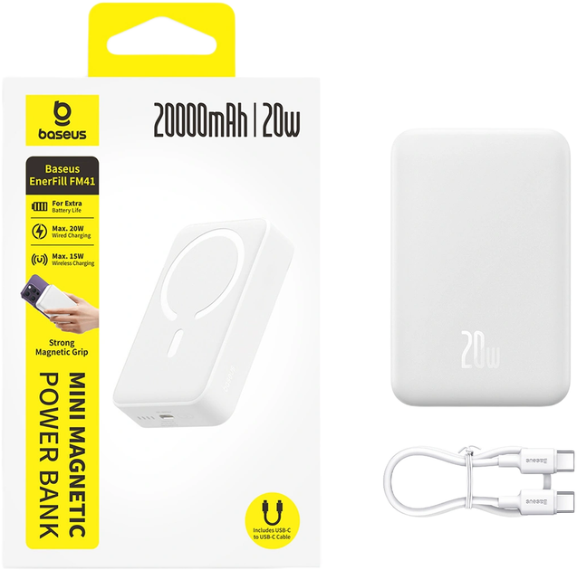 Powerbank Baseus EnerFill FM41 20000mAh 20W Magnetic / USB-C White (6977196685738) - Zdjęcie 6 Powerbank Baseus EnerFill FM41 20000mAh 20W Magnetic / USB-C White (6977196685738) - obraz 6