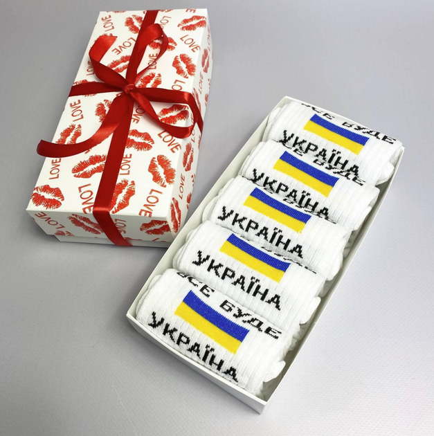 Мужской набор высоких патриотических хлопчатобумажных носков с украинской символикой 5 пары 40-45, белые в подарочной коробке (001) - изображение 4
