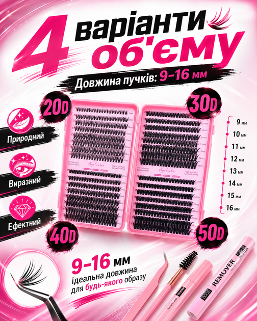 Накладные пучковые ресницы 640 пучков 20D 30D 40D 50D набор для самостоятельного наращивания ресниц в коробке с клеем BOND REMOVER пинцетом и щеточкой длина 9-16 мм густые искусственные ресницы для макияжа домашнего использования объемные пучки черные - изображение 2
