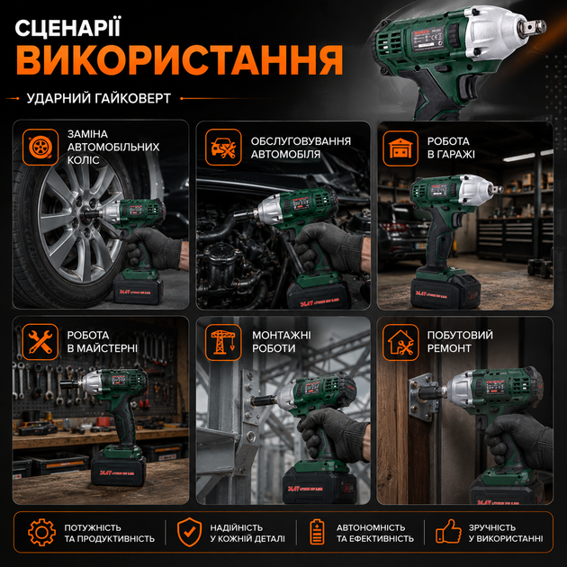 Акумуляторний ударний гайковерт 1/2" 500 Нм з 2 акумуляторами 24,4V 5,0Ah, бездротовий ключ для відкручування та закручування болтів і гайок, комплект із кейсом, зарядним пристроєм і ударними головками 17/19/21/23 мм - зображення 8