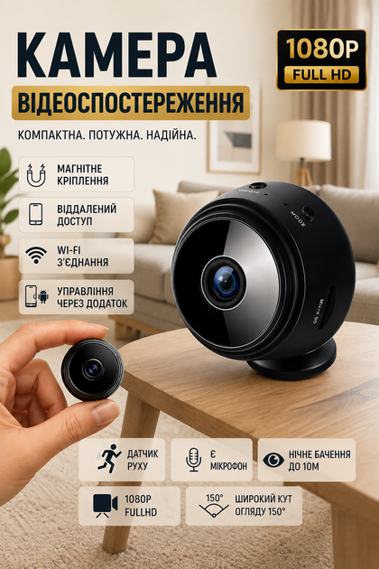 Беспроводная мини камера A9 для скрытого видеонаблюдения 1080P FullHD с ночным видением до 10 м Аккумуляторная черная камера для дома и квартиры с датчиком движения и углом обзора 150 градусов - изображение 2