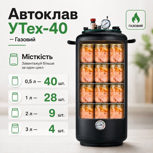 Автоклав бытовой УТех-40 газовый под внешний нагрев, стерилизатор для домашнего консервирования мяса, тушёнки, рыбных консервов, овощей и компотов - изображение 9