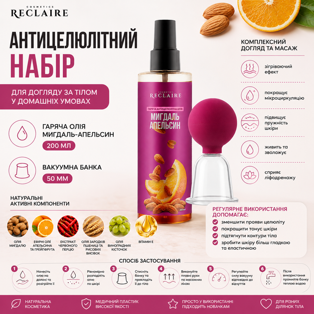 Антицеллюлитный набор горячее масло Миндаль-Апельсин 200 мл + вакуумная массажная банка 50 мм для массажа тела и лимфодренажа - изображение 2