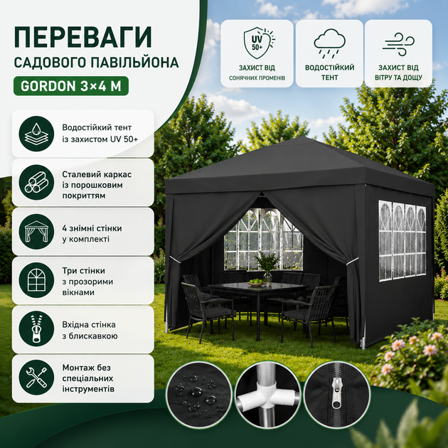 Садовий павільйон Gordon 3×4×2,5 м з 4 стінками та вікнами, торговий намет з каркасом, альтанка для дачі, двору, відпочинку й виїзної торгівлі, тент із захистом UV 50+ - зображення 3