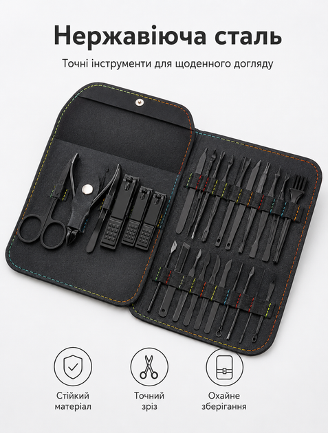 Подарочный набор для маникюра и педикюра для ухода за ногтями 16 предметов из нержавеющей стали черный - изображение 5