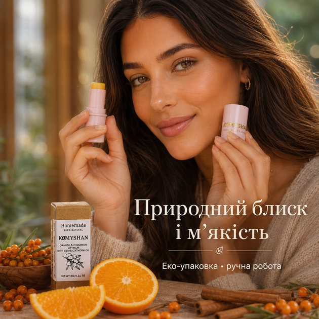 Натуральний бальзам для губ Komyshan HandMade "Обліпиха + Апельсин + Кориця" - Фото 7 Натуральний бальзам для губ Komyshan HandMade "Обліпиха + Апельсин + Кориця" - зображення 7