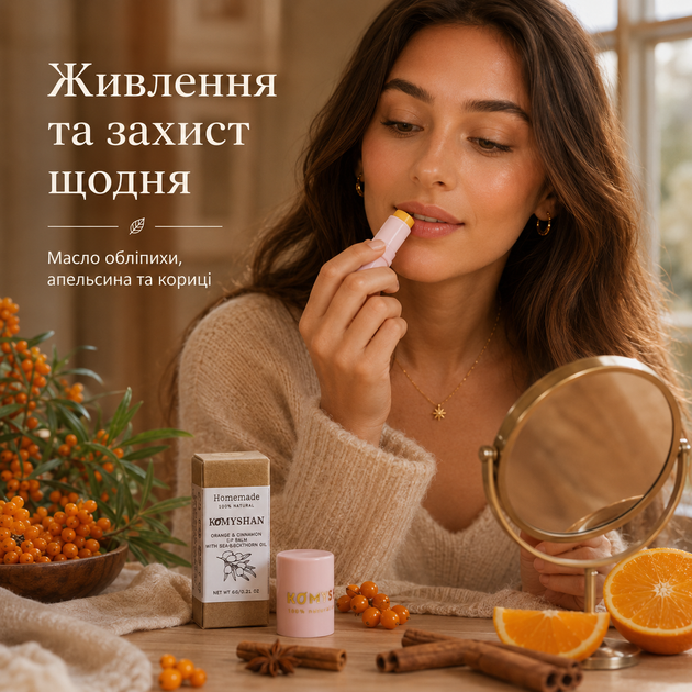 Натуральний бальзам для губ Komyshan HandMade "Обліпиха + Апельсин + Кориця" - Фото 9 Натуральний бальзам для губ Komyshan HandMade "Обліпиха + Апельсин + Кориця" - зображення 9