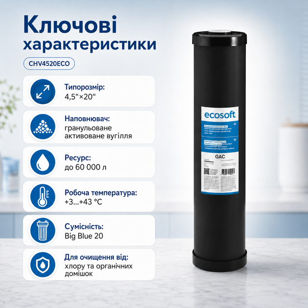 Вугільний картридж Екософт Big Blue 20 (4,5"х20") з гранульованим активованим вугіллям - изображение 4