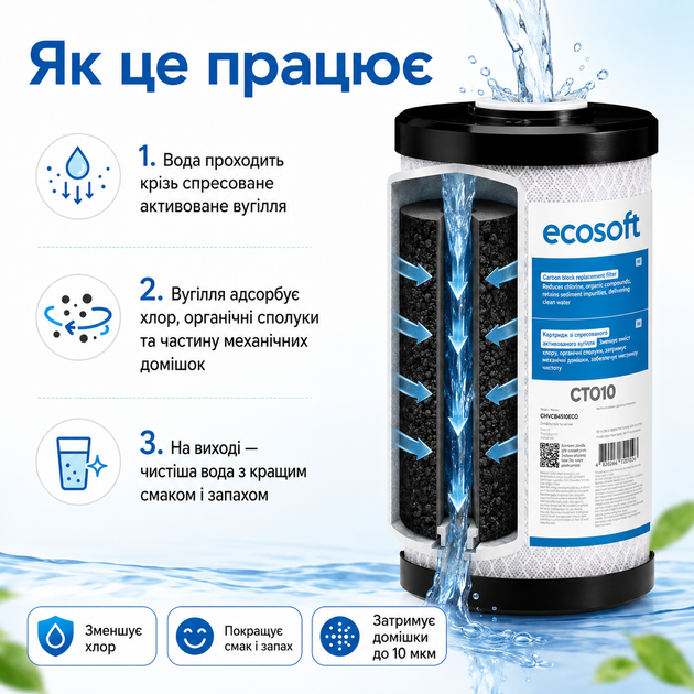 Брикетований вугільний картридж Екософт Big Blue 10 для очищення від хлору та органіки - изображение 2