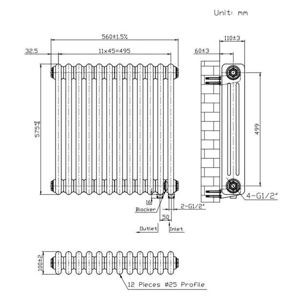 Дизайнерский радиатор Warm Well Column 3 575х560 горизонтальный, белый глянцевый - изображение 6