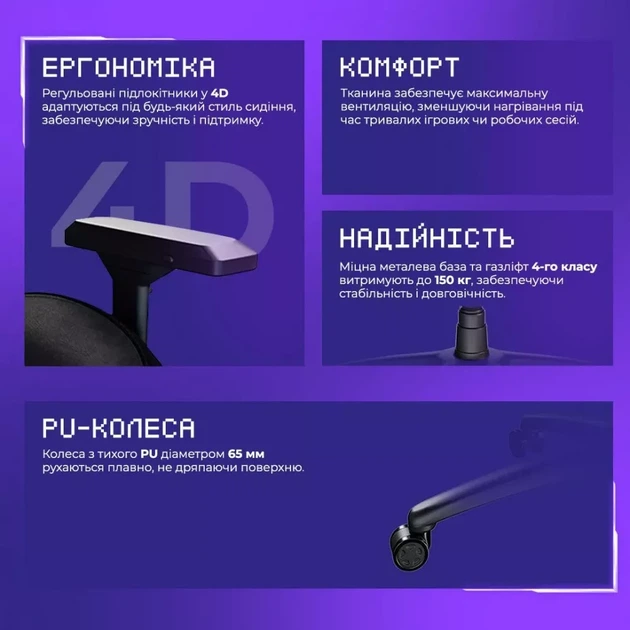 Ергономічне ігрове крісло для геймера тканинне 4D підлокітники до 150 кг із подушкою під шию та поперек для довгих ігрових сесій - зображення 3