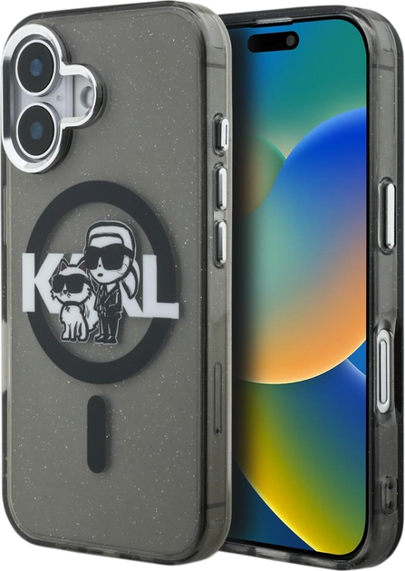 Etui plecki Karl Lagerfeld IML Glitter Karl & Choupette Sketch Logo MagSafe do Apple iPhone 16 Black (KLHMP16SHGKCGKBK) - obraz 3
