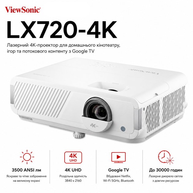 Проектор лазерный ViewSonic LX720-4K DLP 4K-UHD 3500 ANSI лм HDMI Wi-Fi White (VS20621) - Фото 1 Проектор лазерный ViewSonic LX720-4K DLP 4K-UHD 3500 ANSI лм HDMI Wi-Fi White (VS20621) - изображение 1