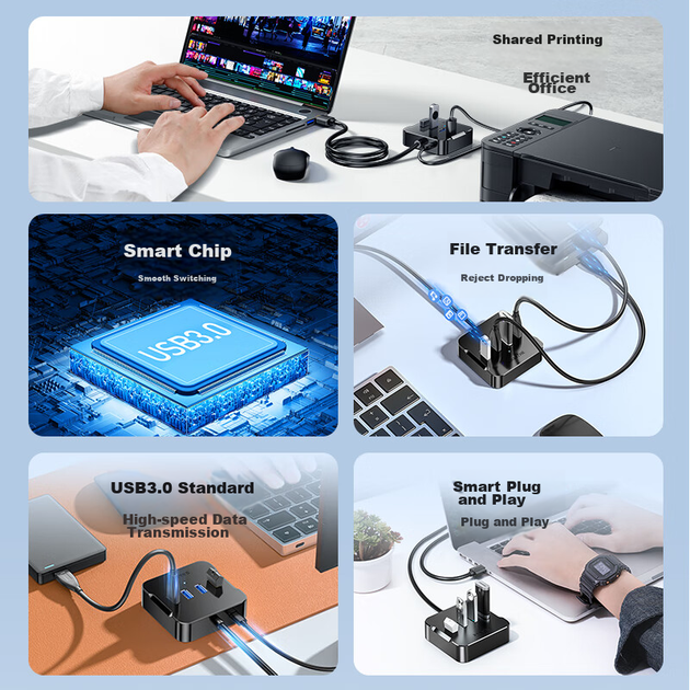 USB-концентратор SAMZHE 3.0, высокоскоростная 4-портовая док-станция расширения, удлинительный кабель-конвертер для ноутбука с разъемом питания, 1,5 метра, черный, HUB02 - изображение 4