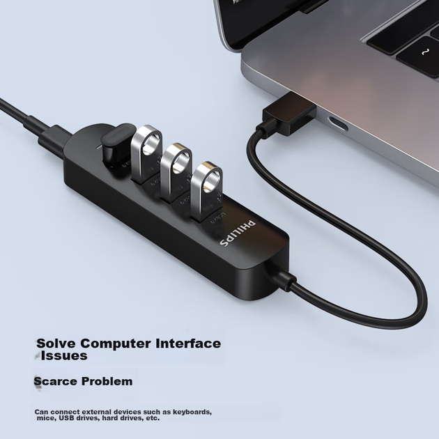 USB-концентратор PHILIPS 2.0 с четырьмя портами и разъемом для внешнего источника питания, удлинительный кабель-конвертер для ноутбуков и настольных компьютеров Huawei с 4 портами, 2 метра. - изображение 7