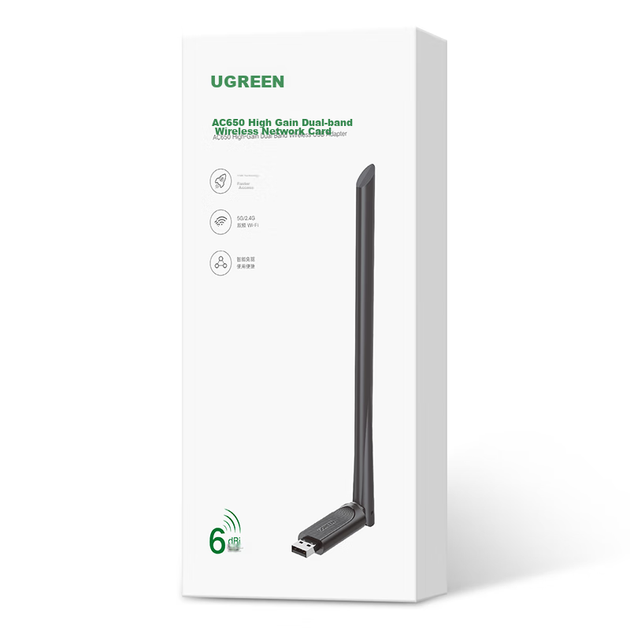 Беспроводной сетевой адаптер UGREEN USB AC650, двухдиапазонный 5G, внешняя антенна с высоким коэффициентом усиления, не требует установки драйверов, для ноутбуков и настольных компьютеров, 90339, передатчик WiFi, 1 шт. - зображення 9