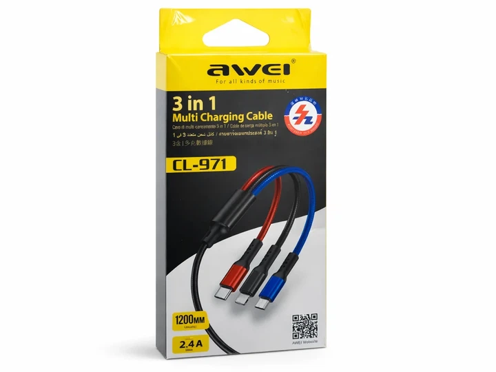 Кабель AWEI CL-971 3 в 1 USB - USB Type-C / Lightning / Micro USB, 2.4A, 1.2 м - Фото 3 Кабель AWEI CL-971 3 в 1 USB - USB Type-C / Lightning / Micro USB, 2.4A, 1.2 м - изображение 3