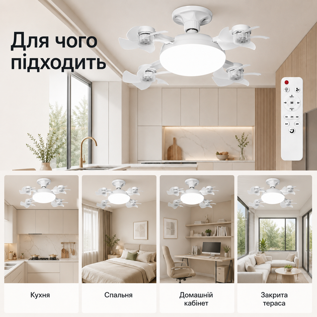 Потолочная LED люстра с вентиляторами и пультом управления, белый светильник-вентилятор для комнаты, кухни, спальни и офиса - изображение 3